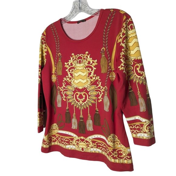 J McLaughlin red gold Medallion Tassel‎ Print Catalina cloth Top size M - Picture 4 of 10